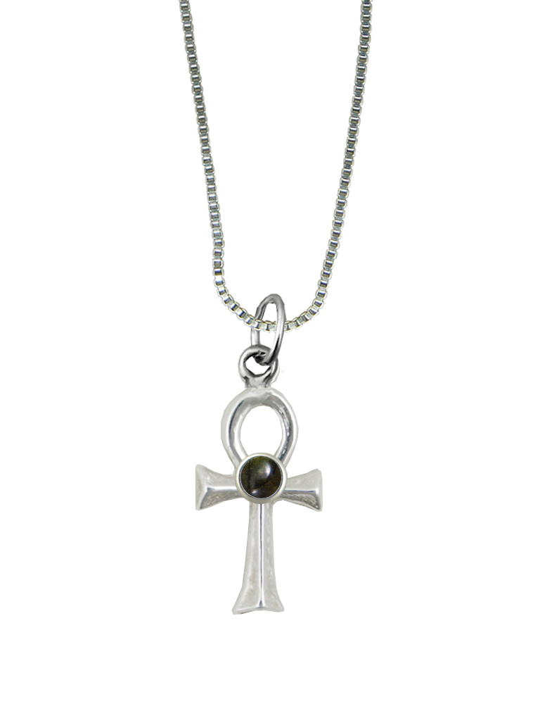 Sterling Silver Sacred Egyptian Ankh Pendant With Spectrolite